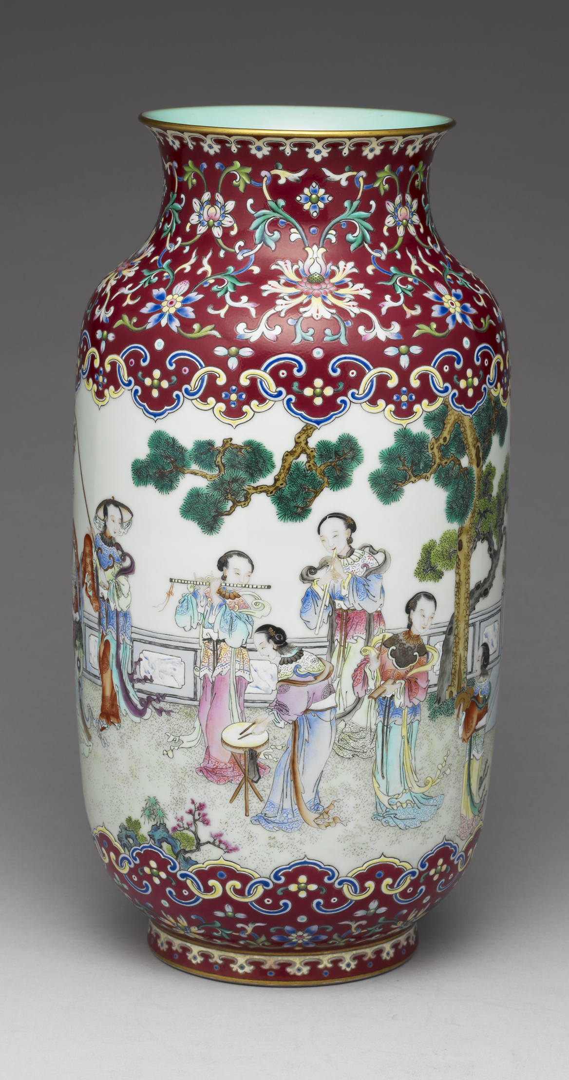 Porcelain vase with ladies dancing and playing music, painted in fencai polychrome enamels. Date: Qianlong reign. National Palace Museum, Taipei, Taiwan.