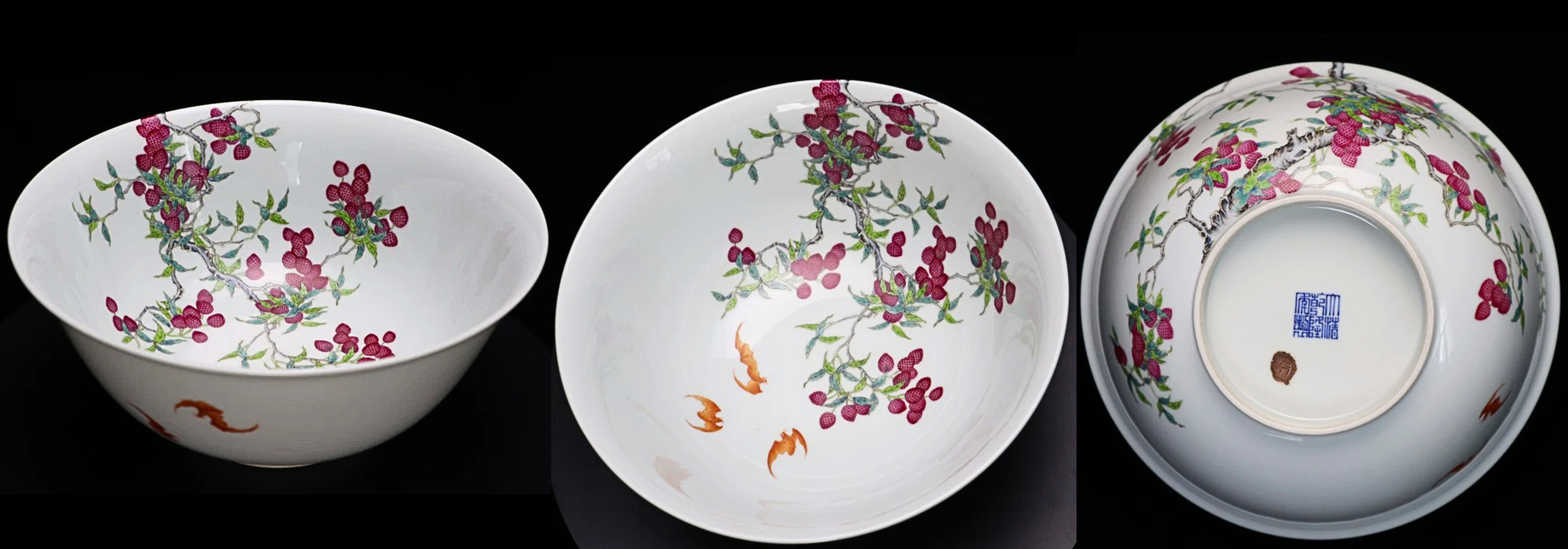 Fencai/Famille rose porcelain plate featuring a lychee motif symbolizing "abundant fortune and prosperity". Date: Qianlong period. Dimensions: height 11 cm, rim diameter 24 cm. Matungart, Hong Kong.