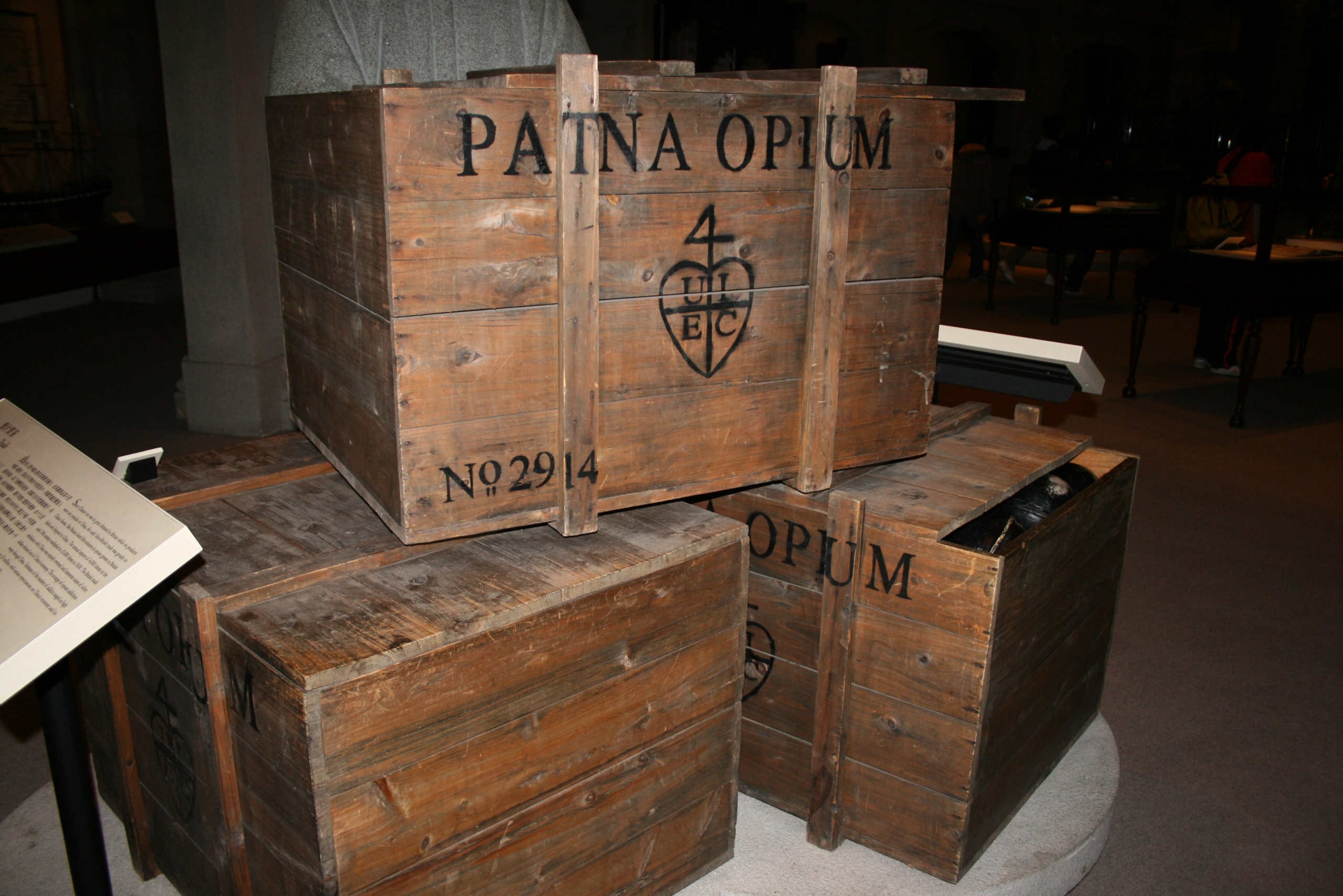 Patna EIC opium crates in museum in the Hong Kong History Museum. Wikimedia Commons. Patna EIC opium crates in museum in the Hong Kong History Museum. Wikimedia Commons.