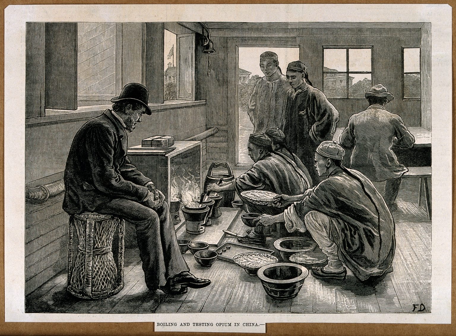 The boiling and testing of opium by Chinese men watched by an Englishman The boiling and testing of opium by Chinese men watched by an Englishman