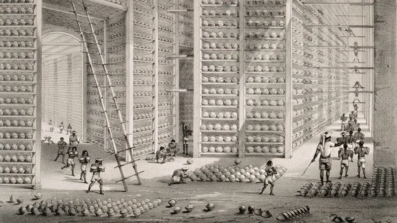 The ‘Stacking Rooms’ in a Patna opium factory with hundreds of opium balls prepared for use in the China trade. Lithograph by W. S. Sherwell, ca. 1850. The 'Stacking Rooms' in a Patna opium factory with hundreds of opium balls prepared for use in the China trade. Lithograph by W. S. Sherwell, ca. 1850.