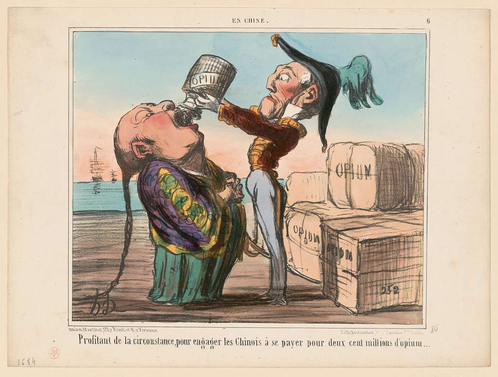 Profitant de la circonstance, pour engager les Chinois à se payer pour deux cent millions d’opium… (“Taking advantage of the situation to induce the Chinese to pay for two hundred million [worth] of opium…”). By Honoré Daumier. Published on Le Charivari on December 29, 1858, in Paris (France). The date places it at the end of the Second Opium War (1856–1860), right around the time when European powers were intensifying pressure on Qing China and extracting further concessions.